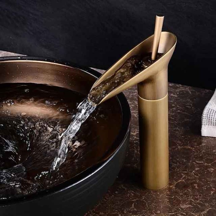 Bathroom Sink Mixer Faucet Waterfall Traditional Antique Brass, Retro Style Washroom Basin Taps Single Handle One Hole Deck Mounted, Monobloc Bathroom Faucet with Hot and Cold Hose