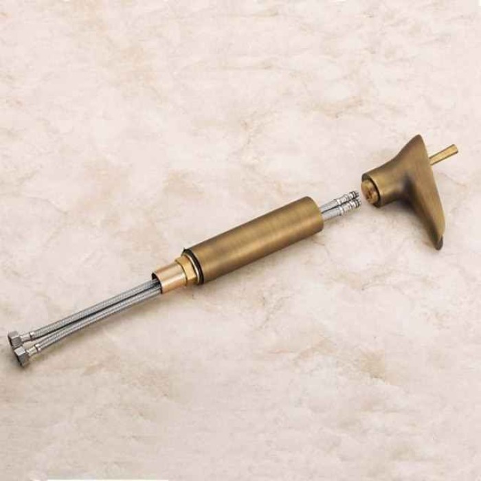 Bathroom Sink Mixer Faucet Waterfall Traditional Antique Brass, Retro Style Washroom Basin Taps Single Handle One Hole Deck Mounted, Monobloc Bathroom Faucet with Hot and Cold Hose