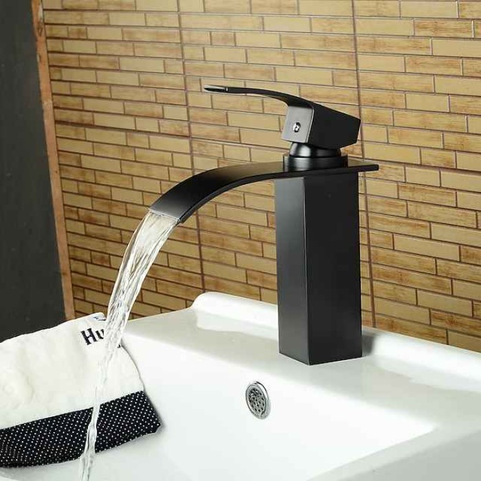 Bathroom Faucet,Oil-rubbed Bronze Waterfall Single Handle One Hole  Bathroom Sink Faucet with Drain and Ceramic Valve,Zinc Alloy Handle and Hot/Cold Switch