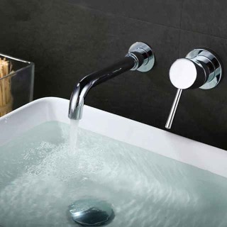 Brass Bathroom Sink Faucet,Silvery Wall Mount Chrome Single Handle Two Holes Bath Taps with Hot and Cold Switch