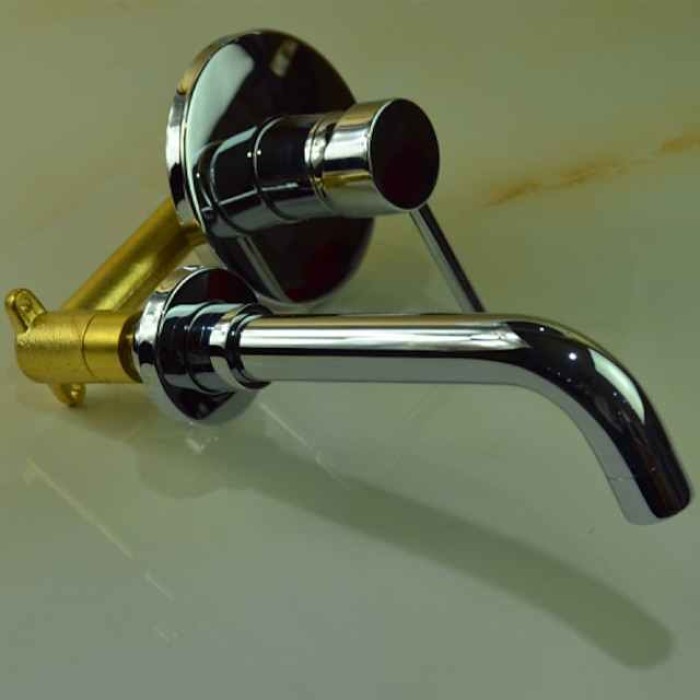 Brass Bathroom Sink Faucet,Silvery Wall Mount Chrome Single Handle Two Holes Bath Taps with Hot and Cold Switch