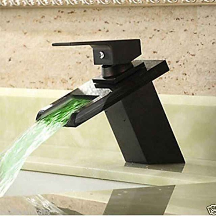 Single Handle Bathroom Faucet Oil-rubbed Bronze with 3-color LED Waterfall Brass Basin Sink Faucet Black Adjustable to Cold and Hot Water