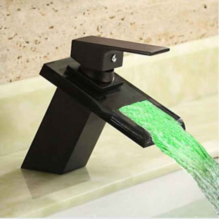 Single Handle Bathroom Faucet Oil-rubbed Bronze with 3-color LED Waterfall Brass Basin Sink Faucet Black Adjustable to Cold and Hot Water