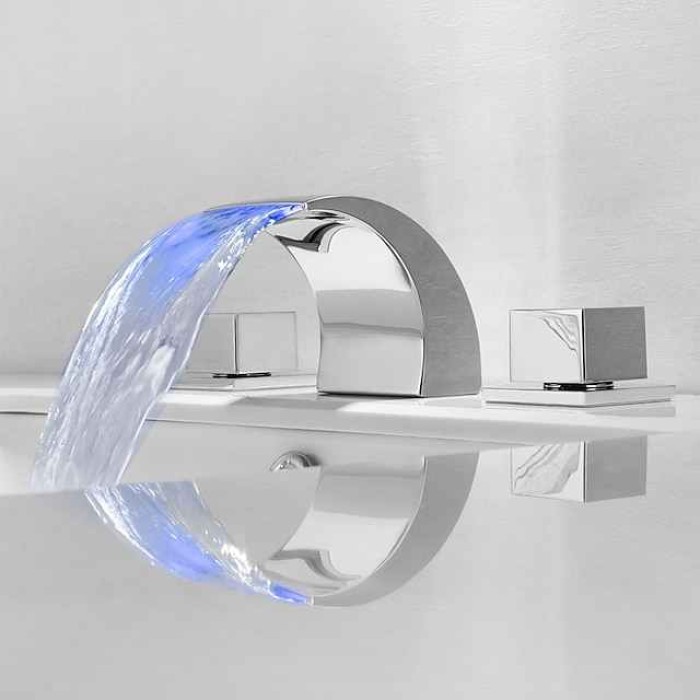 Waterfall Bathroom Sink Faucet LED Light Deck Mounted Brass, Widespread 2 Handle 3 Hole Bath Vessel Taps with Hot and Cold Water Hose