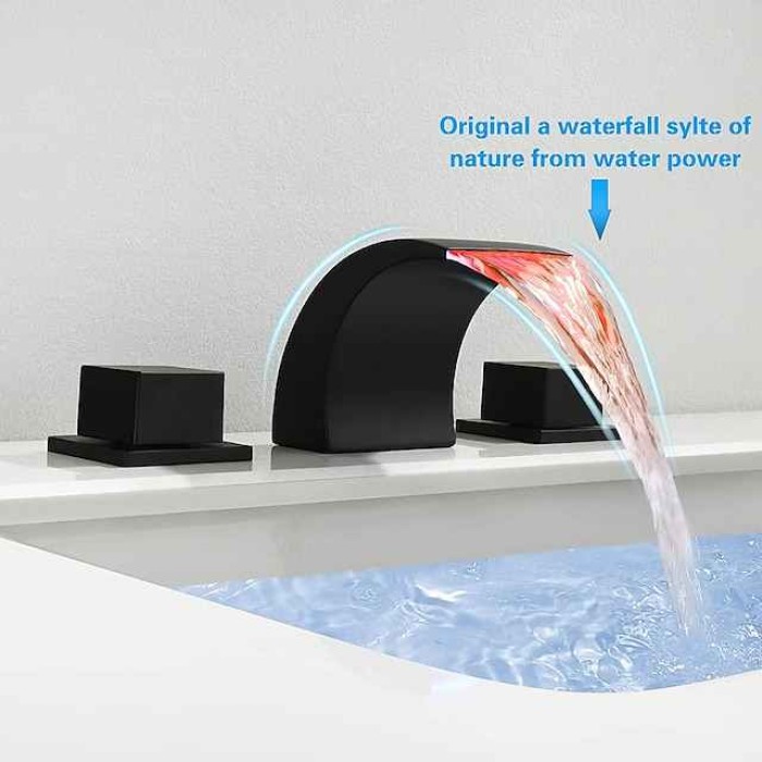 Waterfall Bathroom Sink Faucet LED Light Deck Mounted Brass, Widespread 2 Handle 3 Hole Bath Vessel Taps with Hot and Cold Water Hose