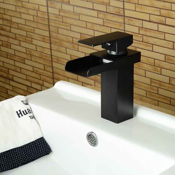 Bathroom Sink Faucet,Waterfall Oil-rubbed Bronze Centerset Widespread Single Handle One Hole Bath Taps with Hot and Cold Switch