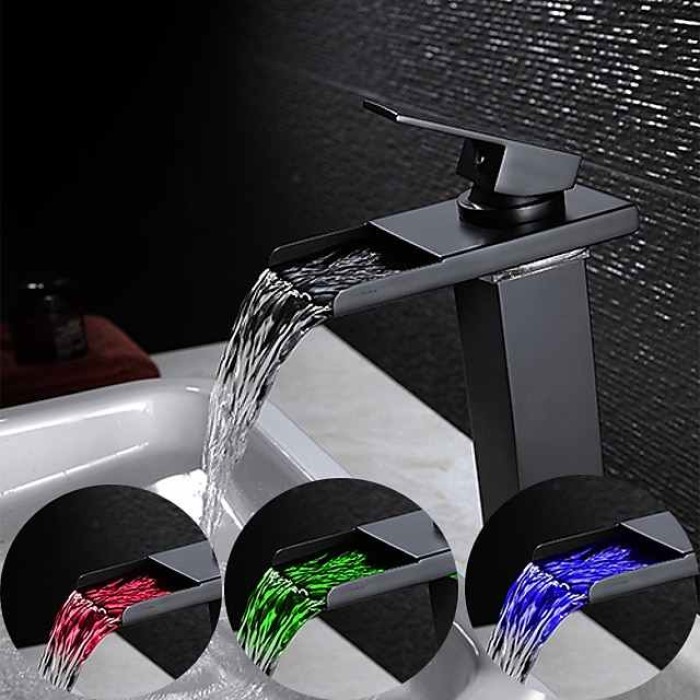 Bathroom Vessel Faucet Tall LED Waterfall Spout 3 Color Changes with Temperature, Sink Mixer Mono Basin Taps, Single Handle One Hole Brass Washroom Vessel Tap Deck Mounted