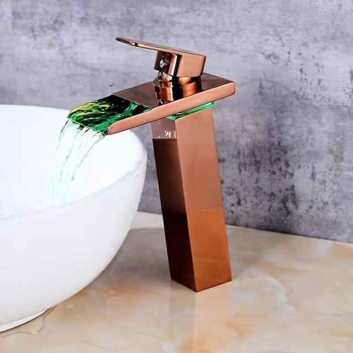 Bathroom Vessel Faucet Tall LED Waterfall Spout 3 Color Changes with Temperature, Sink Mixer Mono Basin Taps, Single Handle One Hole Brass Washroom Vessel Tap Deck Mounted