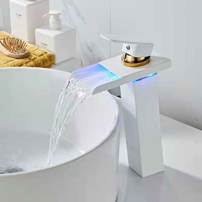 Bathroom Vessel Faucet Tall LED Waterfall Spout 3 Color Changes with Temperature, Sink Mixer Mono Basin Taps, Single Handle One Hole Brass Washroom Vessel Tap Deck Mounted