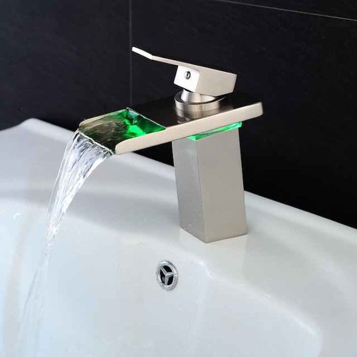 Bathroom Sink Faucet with Supply Hose,LED Waterfall Spout Single Handle Single Hole Vessel Lavatory Faucet,Slanted Body Basin Mixer Tap