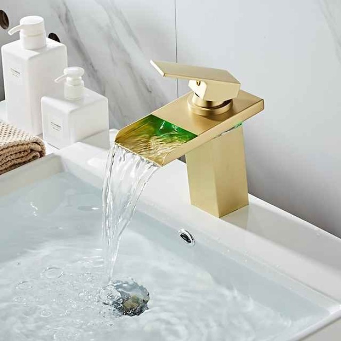 Bathroom Sink Faucet with Supply Hose,LED Waterfall Spout Single Handle Single Hole Vessel Lavatory Faucet,Slanted Body Basin Mixer Tap