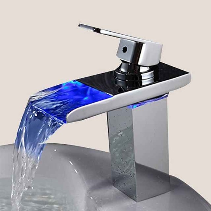 Bathroom Sink Faucet with Supply Hose,LED Waterfall Spout Single Handle Single Hole Vessel Lavatory Faucet,Slanted Body Basin Mixer Tap