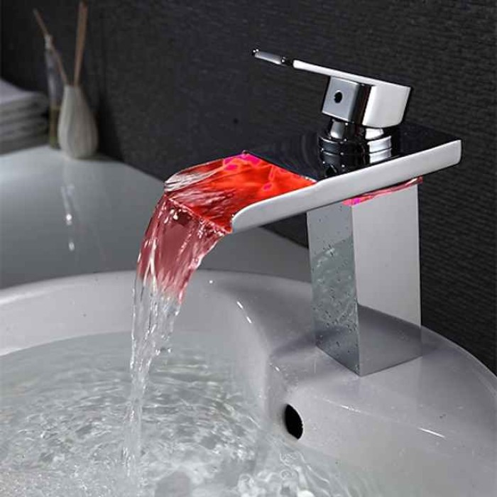 Bathroom Sink Faucet with Supply Hose,LED Waterfall Spout Single Handle Single Hole Vessel Lavatory Faucet,Slanted Body Basin Mixer Tap