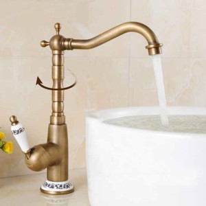 Kitchen Faucet,Brass Antique Brass Ceramics Rotatable Single Handle One Hole Kitchen Tap with Cold and Hot Water and Ceramic Valve