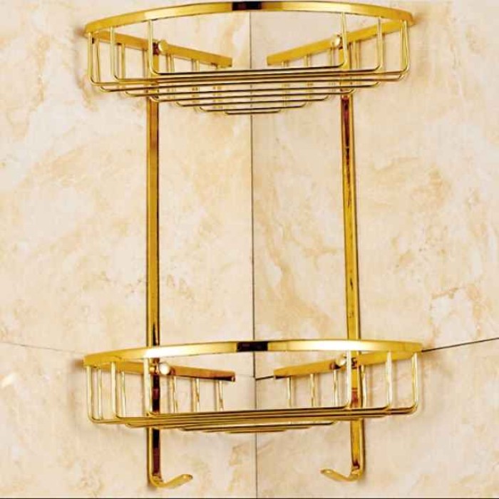 Double-deck Brass Material Triangular Storage Basket for Bathroom with 2 Hooks Polished Bath Corner Shelf Gold 1pc