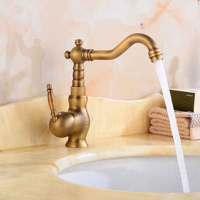 Antique Brass Bathroom Sink Faucet,Single Handle One Hole Traditional Bath Taps with Hot and Cold Water and Ceramic Valve