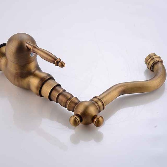 Antique Brass Bathroom Sink Faucet,Single Handle One Hole Traditional Bath Taps with Hot and Cold Water and Ceramic Valve