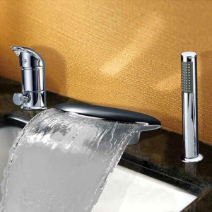 Waterfall Bathtub Faucet Deck Mounted, Widespread Bathroom Faucet Bath Roman Tub Filler Mixer Tap Brass, 3 Hole Sprayer with Cold Hot Water Hose