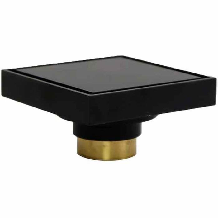 4 inch Shower Floor Drain Square, Removable Brass Flange Reversible 2-in-1 Cover Tile Insert Grate, Hair Catcher Strainer Black Chrome Golden