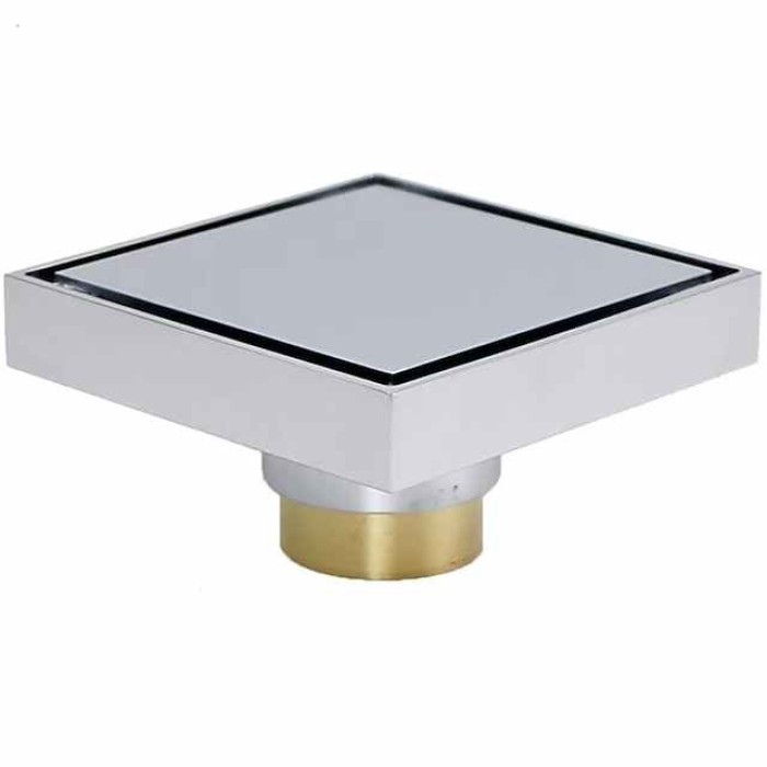 4 inch Shower Floor Drain Square, Removable Brass Flange Reversible 2-in-1 Cover Tile Insert Grate, Hair Catcher Strainer Black Chrome Golden