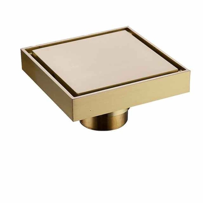 4 inch Shower Floor Drain Square, Removable Brass Flange Reversible 2-in-1 Cover Tile Insert Grate, Hair Catcher Strainer Black Chrome Golden