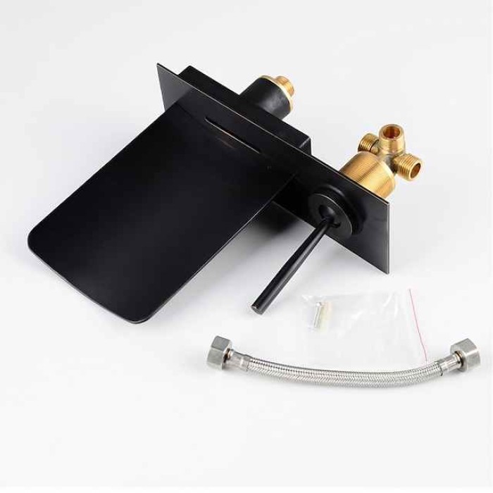 LED Bathroom Sink Mixer Faucet Waterfall Spout 3 Color Water Temperature, Basin Vessel Taps Brass Wall Mounted Single Handle Two Hole Bath Taps With Cold and Hot Hose