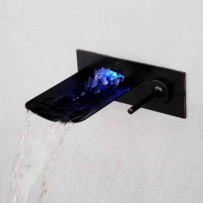 LED Bathroom Sink Mixer Faucet Waterfall Spout 3 Color Water Temperature, Basin Vessel Taps Brass Wall Mounted Single Handle Two Hole Bath Taps With Cold and Hot Hose