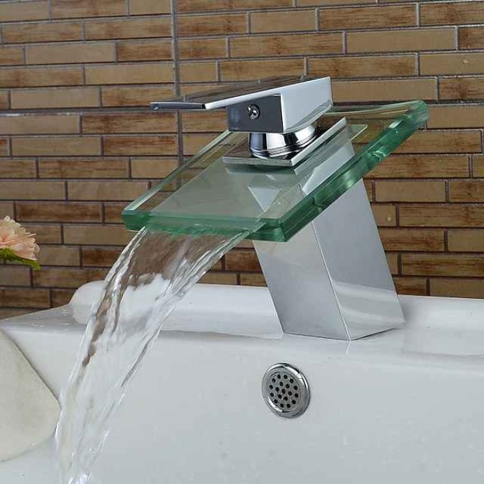 Modern Chrome Glass Waterfall Bathroom Basin Single Handle One Hole Bath Taps with Hot and Cold Water Switch