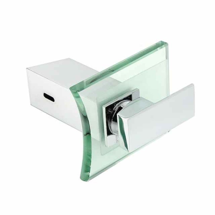 Modern Chrome Glass Waterfall Bathroom Basin Single Handle One Hole Bath Taps with Hot and Cold Water Switch