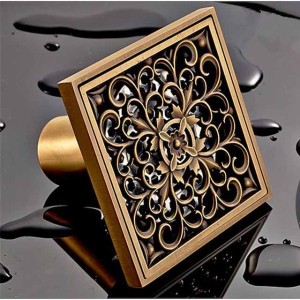 10cm Brass Bathroom Floor Drain, Art Carved Flower Pattern Square Shower Sink Drain Strainer Cover Grate Drain with Removable Cover for Hotel Home