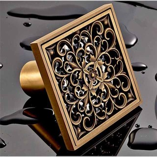 10cm Brass Bathroom Floor Drain, Art Carved Flower Pattern Square Shower Sink Drain Strainer Cover Grate Drain with Removable Cover for Hotel Home