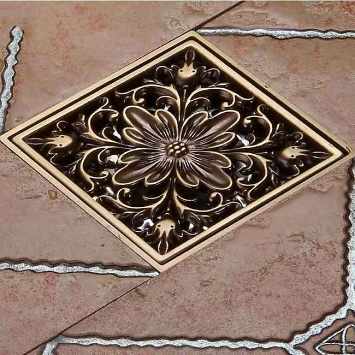 10cm Brass Bathroom Floor Drain, Art Carved Flower Pattern Square Shower Sink Drain Strainer Cover Grate Drain with Removable Cover for Hotel Home