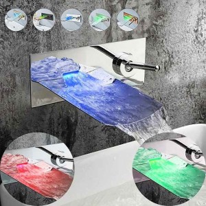 Wall Mounted Bathroom Sink Faucet,Single Handle Two Holes LED  Waterfall Contemporary Chromium Plating Bath Taps with Hot and Cold Water