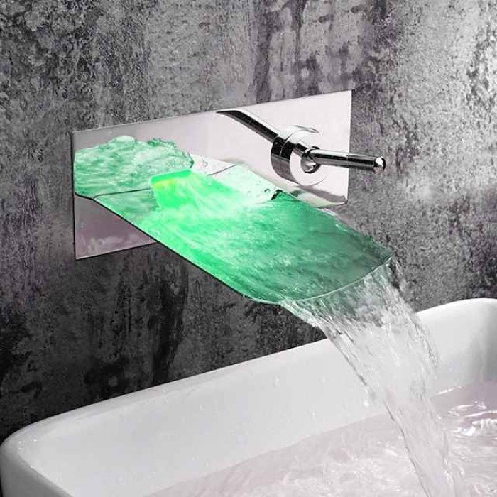 Wall Mounted Bathroom Sink Faucet,Single Handle Two Holes LED  Waterfall Contemporary Chromium Plating Bath Taps with Hot and Cold Water