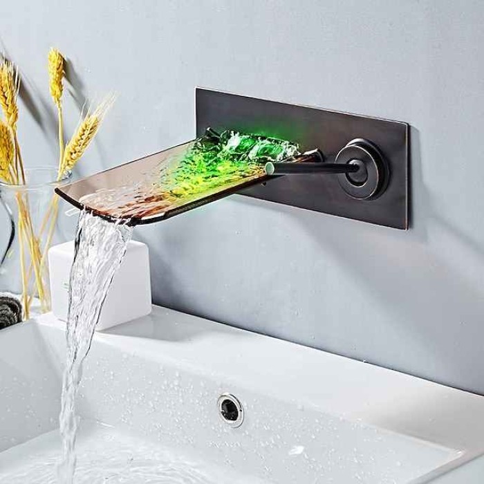 Wall Mounted Bathroom Sink Faucet,Single Handle Two Holes LED  Waterfall Contemporary Chromium Plating Bath Taps with Hot and Cold Water