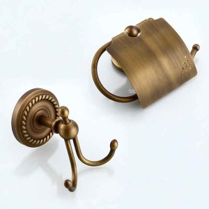 Bath Accessory Set Include Toilet Paper Holder and Robe Hook Antique Brass Wall Mounted 2 pcs