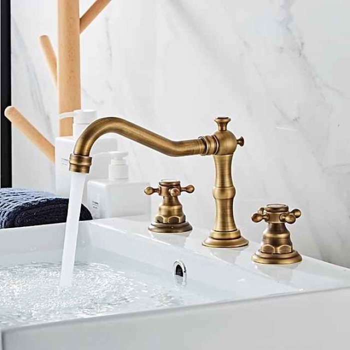 Brass Bathroom Faucet, Brushed Finish Antique Copper Two Handles Three Holes Widespread Bathroom Sink Faucet Contain with Cold and Hot Switch