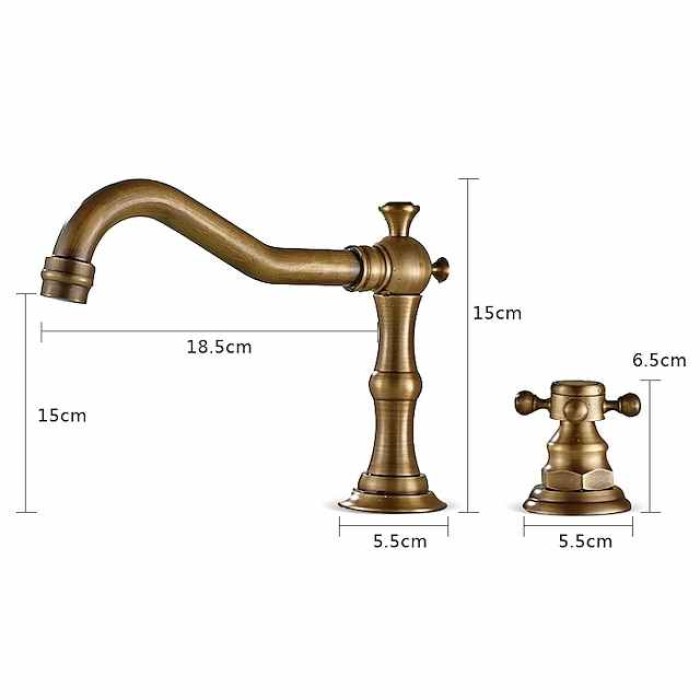 Brass Bathroom Faucet, Brushed Finish Antique Copper Two Handles Three Holes Widespread Bathroom Sink Faucet Contain with Cold and Hot Switch