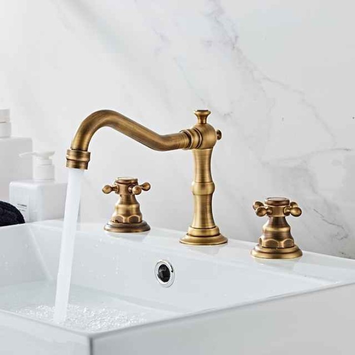 Brass Bathroom Faucet, Brushed Finish Antique Copper Two Handles Three Holes Widespread Bathroom Sink Faucet Contain with Cold and Hot Switch