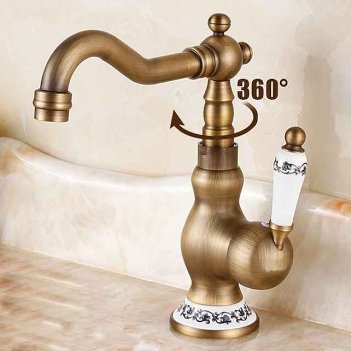 Bathroom Sink Faucet,Antique Brass Retro Style Single Handle One Hole Standard Spout Rotatable Faucet Set with Ceramic Handle and Hot/Cold Water