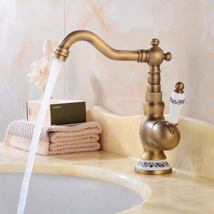 Bathroom Sink Faucet,Antique Brass Retro Style Single Handle One Hole Standard Spout Rotatable Faucet Set with Ceramic Handle and Hot/Cold Water