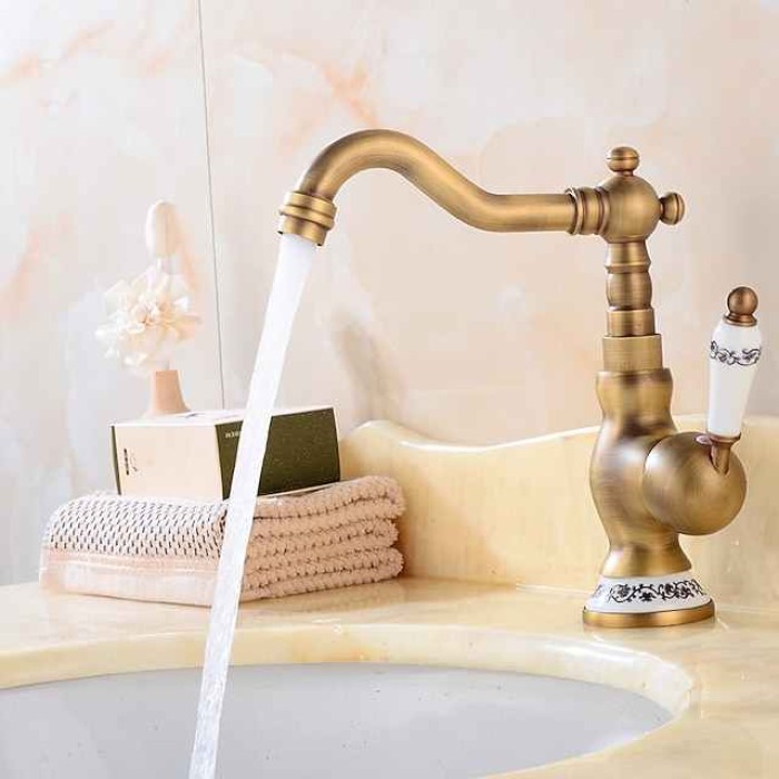 Bathroom Sink Faucet,Antique Brass Retro Style Single Handle One Hole Standard Spout Rotatable Faucet Set with Ceramic Handle and Hot/Cold Water