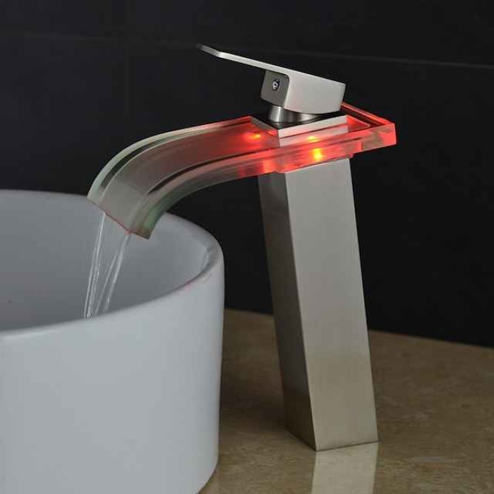 LED Bathroom Sink Mixer Faucet Waterfall Spout 3 Color Temperature, Tall Vessel Taps Single Handle One-hole Monobloc Basin Taps Washroom