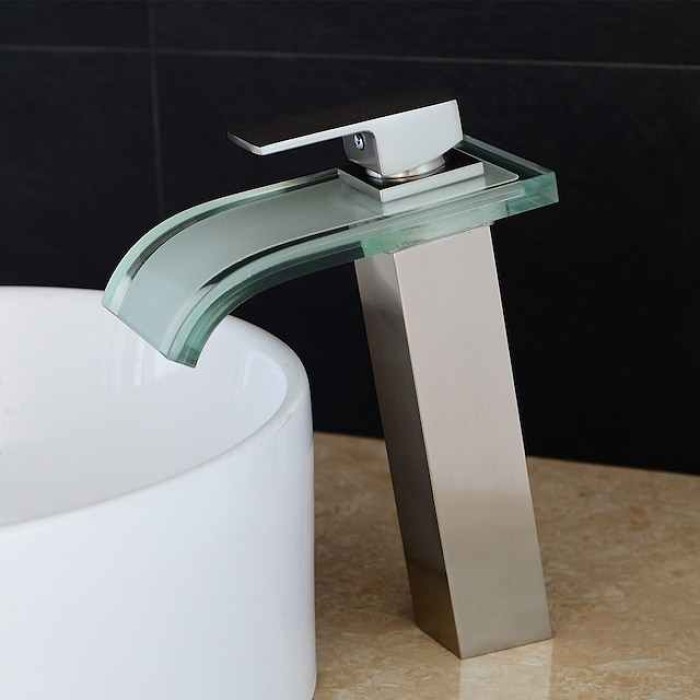 LED Bathroom Sink Mixer Faucet Waterfall Spout 3 Color Temperature, Tall Vessel Taps Single Handle One-hole Monobloc Basin Taps Washroom