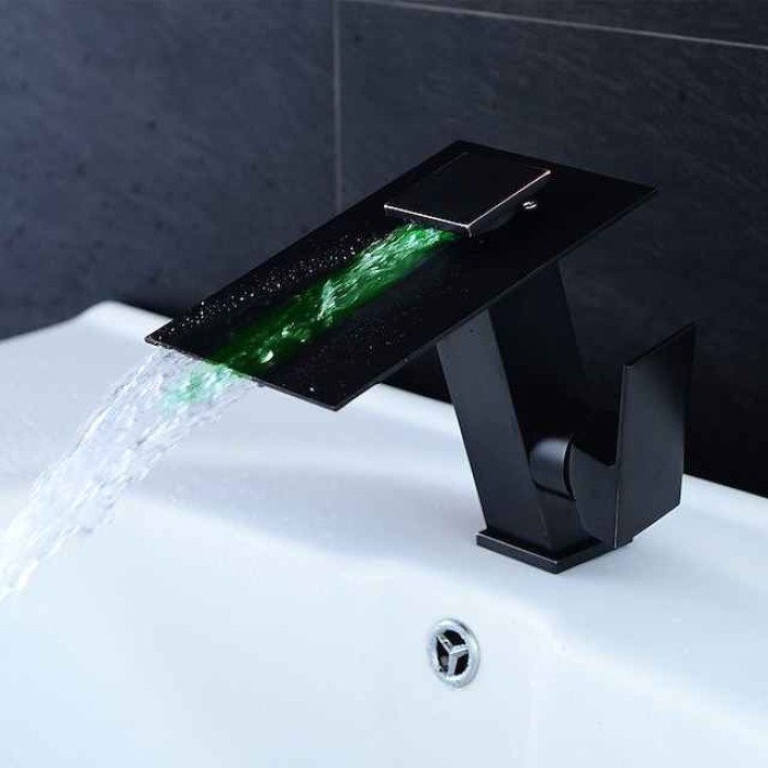 Bathroom Faucet LED Waterfall Spout 3 Color Changes with Temperature, Sink Mixer Mono Basin Taps, Single Handle One Hole Brass Washroom Vessel Tap Deck Mounted