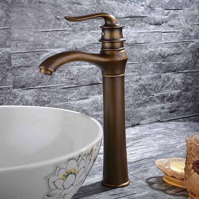 Brass Bathroom Sink Faucet,Waterfall Antique Brass Widespread Water Flow Single Handle One Hole Bath Taps with Hot and Cold Switch