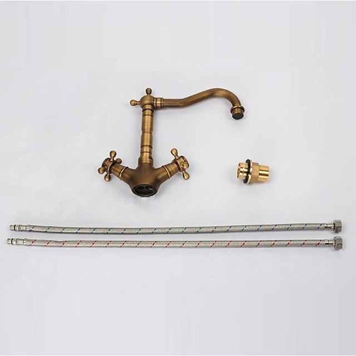 Antique Copper Bathroom Sink Faucet,Centerset Two Handles One Hole Bath Taps with Hot and Cold Switch and Ceramic Valve