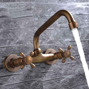 Wall Mount Bathroom Sink Mixer Faucet, Widespread Brass 3 Holes 2 Handles Vintage Basin Taps Washroom with Hot and Cold Water Hose