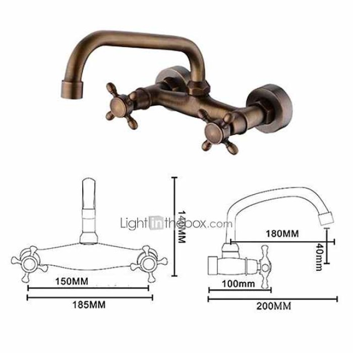 Wall Mount Bathroom Sink Mixer Faucet, Widespread Brass 3 Holes 2 Handles Vintage Basin Taps Washroom with Hot and Cold Water Hose