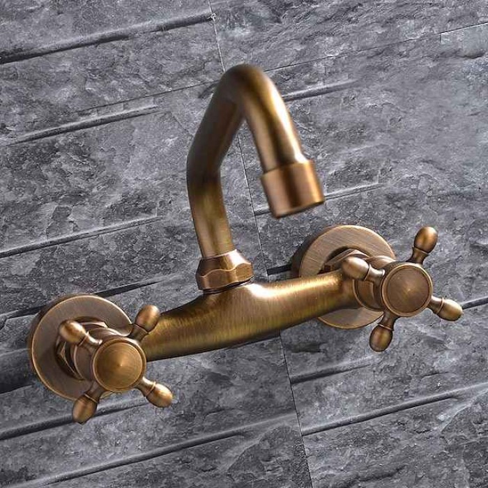 Wall Mount Bathroom Sink Mixer Faucet, Widespread Brass 3 Holes 2 Handles Vintage Basin Taps Washroom with Hot and Cold Water Hose